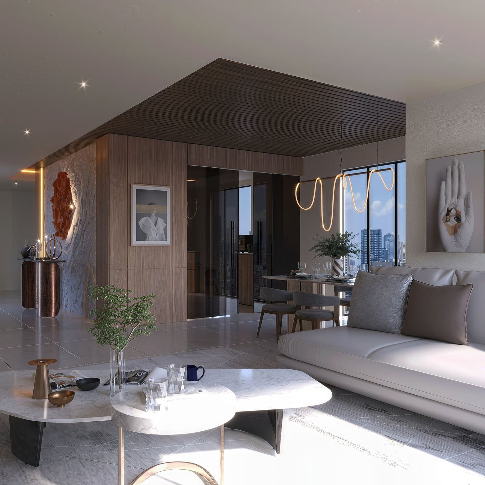 Salon — Ahşap tavan, mermer, öğleden sonra ışığı
