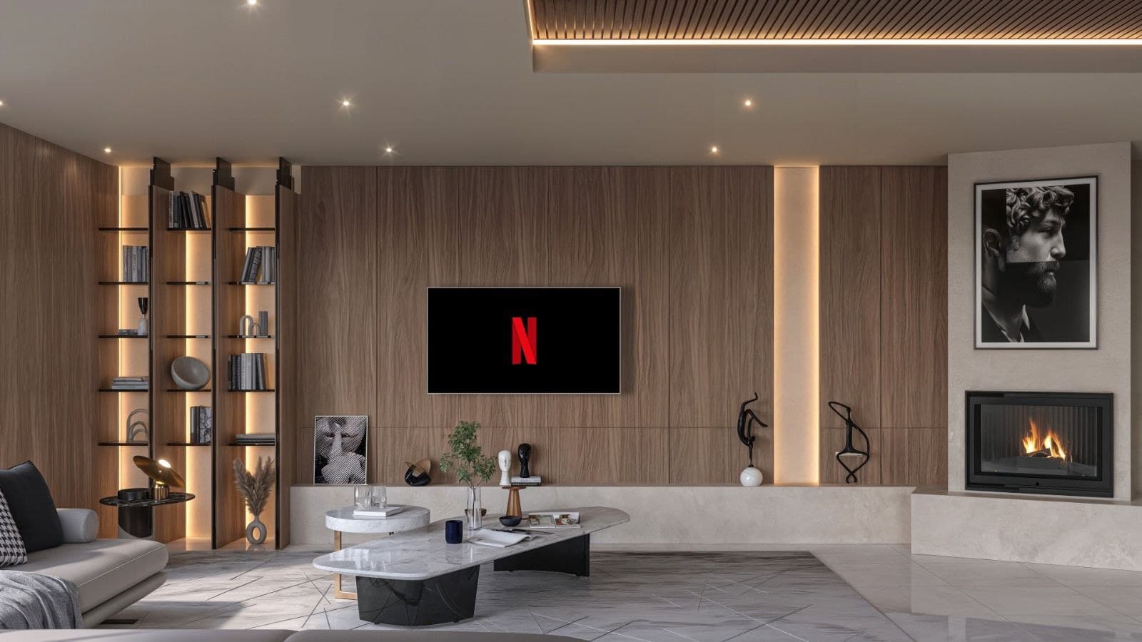 TV duvarı — Ceviz panel, gizli ışık, şömine